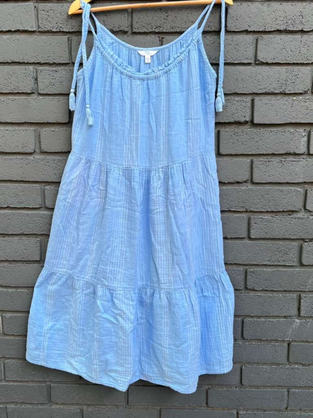 Time & Tru Gauze Tropical Dress Maxi Sundress Boho Tassel Tiered Ruffle Blue L - Picture 2 of 13